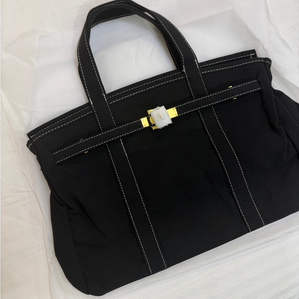 The Boatkin Canvas Tote Bag - Vintage Stylish Spacious in Black w/ Gold Buckle - Picture 2 of 5